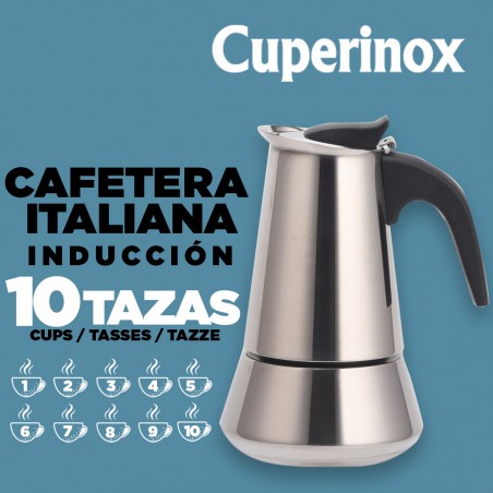 Cafetera Italiana de acero inoxidable 10 tazas de capacidad.