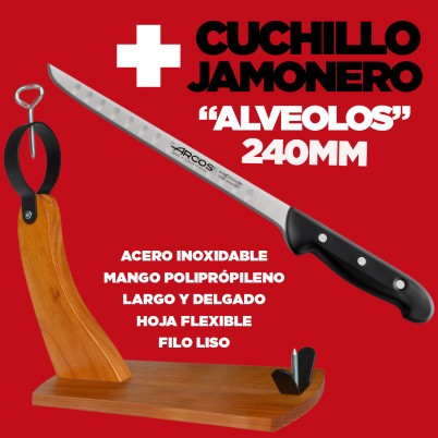 CUPERINOX Jamonero profesional tipo Góndola + Cuchillo Jamonero Alveolos  Acero Inoxidable (240 mm hoja)