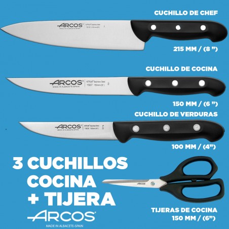 Juego de cuchillos Arcos 4 piezas: Cuchillo chef, cuchillo cocina, cuchillo  verduras y tijera