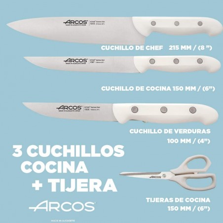 gloria malo Increíble Juego cuchillos Arcos Blanco: 4 piezas Chef 215 mm, Cocina 150 mm, Verduras 100  mm Tijera cocina
