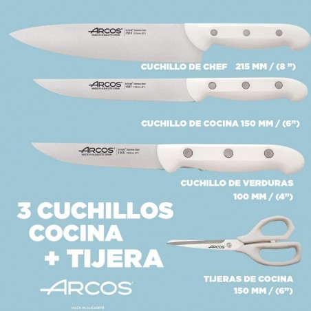 Juego cuchillos Arcos Blanco: 4 piezas hef 215 mm, Cocina 150 mm, Verduras  100 mm Tijera cocina