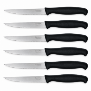 Cuperinox Essential Series – Pack de 6 Cuchillos de Cocina con Hoja de Acero Inoxidable y Filo de Sierra – Mango Ergonómico de Plástico Negro – Corte Preciso y Duradero