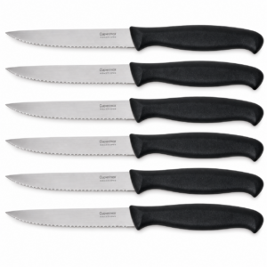 Cuperinox Essential Series – Pack de 6 Cuchillos de Cocina con Hoja de Acero Inoxidable Microdentada – Mango Ergonómico de Plástico Negro – Corte Preciso y Duradero