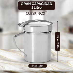 CUPERINOX Grasera Carne 1 Litro | Acero Inoxidable Premium | Recoge Grasas y Aceites | Apta Lavavajillas | Cocina Profesional - Gourmet Oil Collection