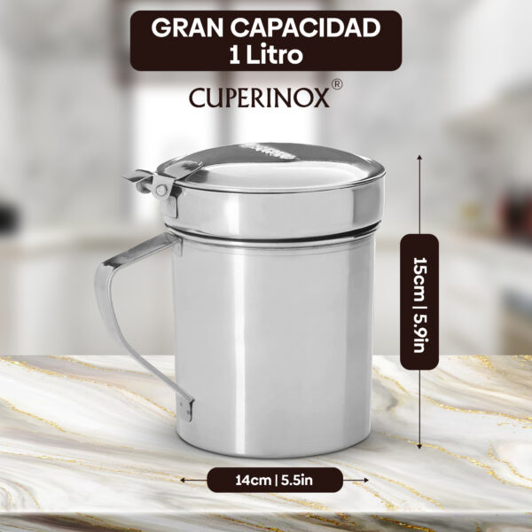 CUPERINOX Grasera Carne 1 Litro | Acero Inoxidable Premium | Recoge Grasas y Aceites | Apta Lavavajillas | Cocina Profesional - Gourmet Oil Collection
