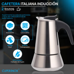 Cuperinox Induction Coffee Pro - Cafetera Acero Inoxidable para 2 Tazas - Apta para Inducción, Gas y Vitrocerámica - Mango Anticalor - Diseño Elegante y Duradero