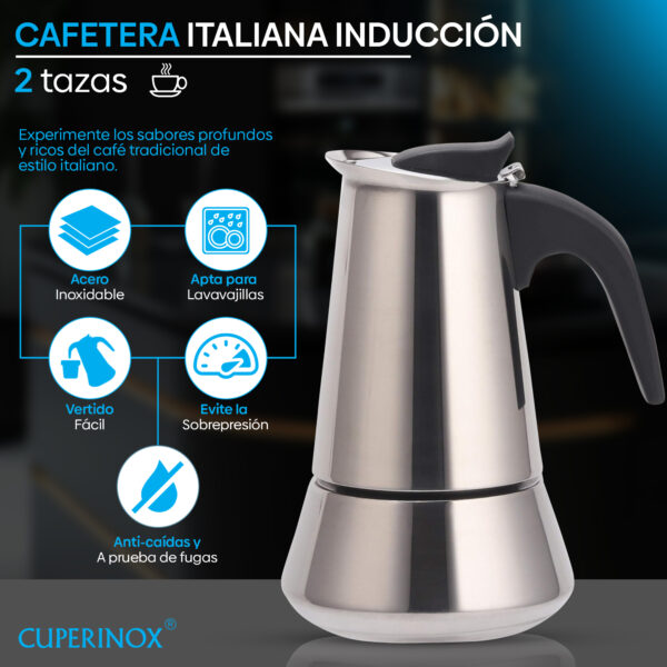 Cuperinox Induction Coffee Pro - Cafetera Acero Inoxidable para 2 Tazas - Apta para Inducción, Gas y Vitrocerámica - Mango Anticalor - Diseño Elegante y Duradero