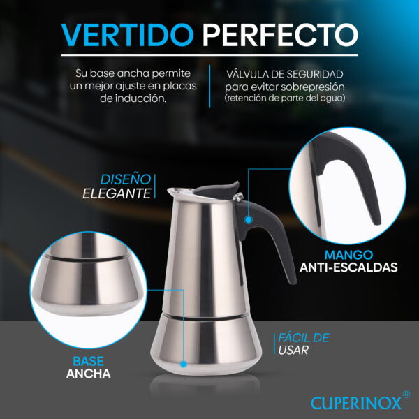 Cuperinox Induction Coffee Pro - Cafetera Acero Inoxidable para 10 Tazas - Apta para Inducción, Gas y Vitrocerámica - Mango Anticalor - Diseño Elegante y Duradero - Imagen 6