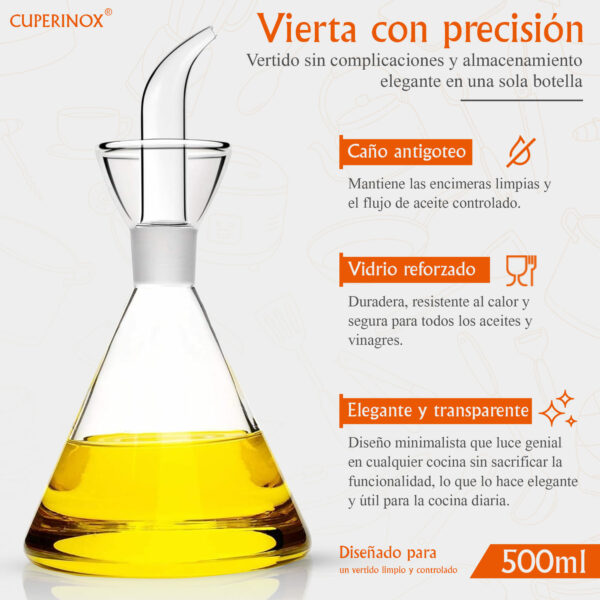 CUPERINOX Aceitera de Cristal Antigoteo para Aceite de Oliva, Resistente y Fácil de Limpiar Gourmet Oil Collection (500 Ml) - Imagen 2