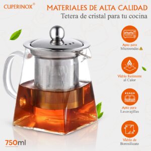 Cuperinox Infusion Prestige Collection - Tetera de Cristal con Infusor 750ml | Resistente al Calor | Apta para Microondas | Diseño Elegante y Funcional