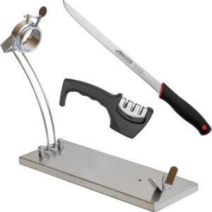 CUPERINOX Soporte Jamonero Profesional Inoxidable | Plegable y Giratorio | Incluye Cuchillo Jamonero, Afilador y Funda para Jamón | Base Antideslizante | Jamoneros Elite Collection