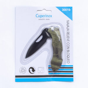 Cuperinox Outdoor Series - Navaja de Acero Inoxidable con Relieve y Bloqueo de Seguridad - Mango Ergonómico Verde Camuflaje