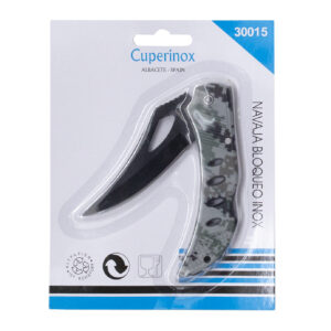 Cuperinox Outdoor Series – Navaja Bloqueo Inox Camuflaje | Hoja de Acero Inoxidable Negra | Mango Ergonómico Antideslizante | Seguridad y Estilo para Outdoor y EDC