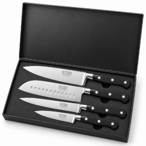 Maestros del Corte by CUPERINOX - Set de Cuchillos Profesionales de Cocina 4 Piezas | Chef 20 cm, Santoku 18 cm, Universal 13 cm y Pelador 9 cm | Acero Inoxidable de Alta Precisión | Mango Ergonómico