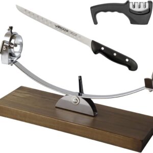 Maestros del Corte by CUPERINOX - Soporte Jamonero Balancin Profesional con Base de Madera | Sistema Basculante y Cabezal Giratorio | Incluye Cuchillo Profesional, Afilador Funda Cubre Jamón|Acero Inoxidable y Madera Lacada | Apto para Jamones y Paletillas