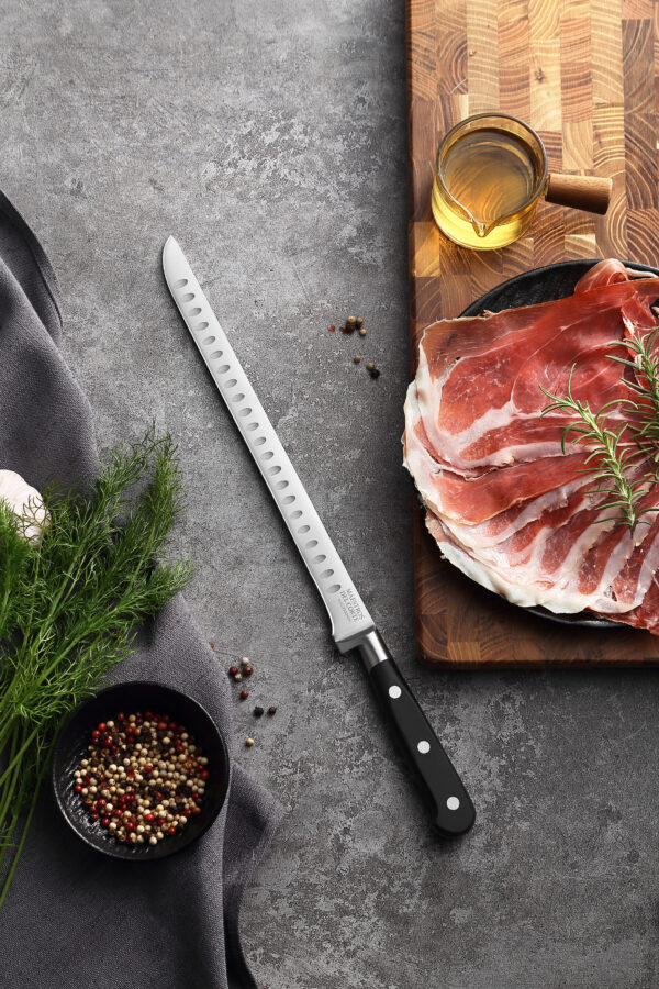 Maestros del Corte by CUPERINOX - Cuchillo Jamonero Profesional Alveolado 25 cm| Hoja Flexible de Acero Inoxidable | Mango Ergonómico Antideslizante | Corte Fino y Preciso del Jamón