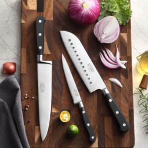 Maestros del Corte by CUPERINOX - Set de Cuchillos Profesionales de Cocina 3 Piezas | Chef 20 cm, Santoku 18 cm y Universal 13 cm | Acero Inoxidable de Alta Precisión | Mango Ergonómico y Equilibrado