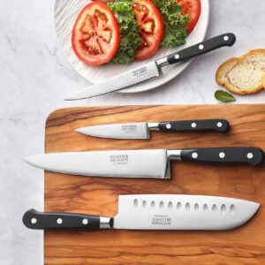 Maestros del Corte by CUPERINOX - Set de Cuchillos Profesionales de Cocina 4 Piezas | Chef 20 cm, Santoku 18 cm, Universal 13 cm y Pelador 9 cm | Acero Inoxidable de Alta Precisión | Mango Ergonómico