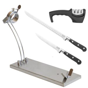 Jamonero Inoxidable Giratorio, Incluye Cuchillo Jamonero Alveolos 25 cm, Deshuesador 15 cm, Afilador y Funda para Jamón, Es apto para Jamones y Paletilla