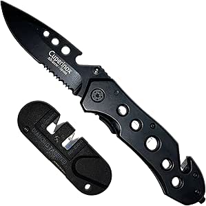 CUPERINOX Navaja 5 en1 multiusos | Incluye Afilador Navaja| Funcion Abrebotella, rompecristales y corta cuerdas| Navaja Filo Liso y Sierra|