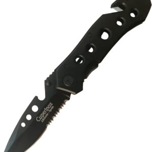 Navaja Plegable Multiusos – Hoja de Acero Inoxidable 80 mm (Filo Liso + Serrado), Punta Rompevidrios, Apertura Rápida, Clip de Cinturón, Herramienta para Camping, Caza, Pesca y Supervivencia