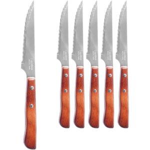 Cuchillos de mesa con mango de madera natural, palmadera, set de 6 cuchillos para carne con filo dentado