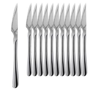 Set de 12 cuchillos monoblock de acero inoxidable con filo dentado. Resistentes, cómodos de usar y aptos para lavavajillas. Ideales para carne y uso diario