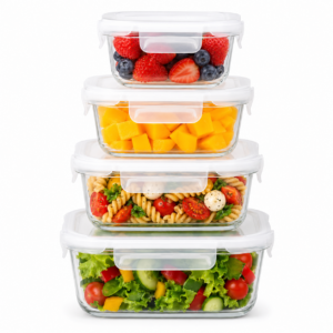 4 Tuppers de Vidrio Herméticos, Cuadrados, sin BPA, Meal Prep 320, 520, 800 y 1200 ml, Recipientes para Alimentos, Reutilizable, Apilable, Apto para Microondas*, Lavavajillas y Congelador